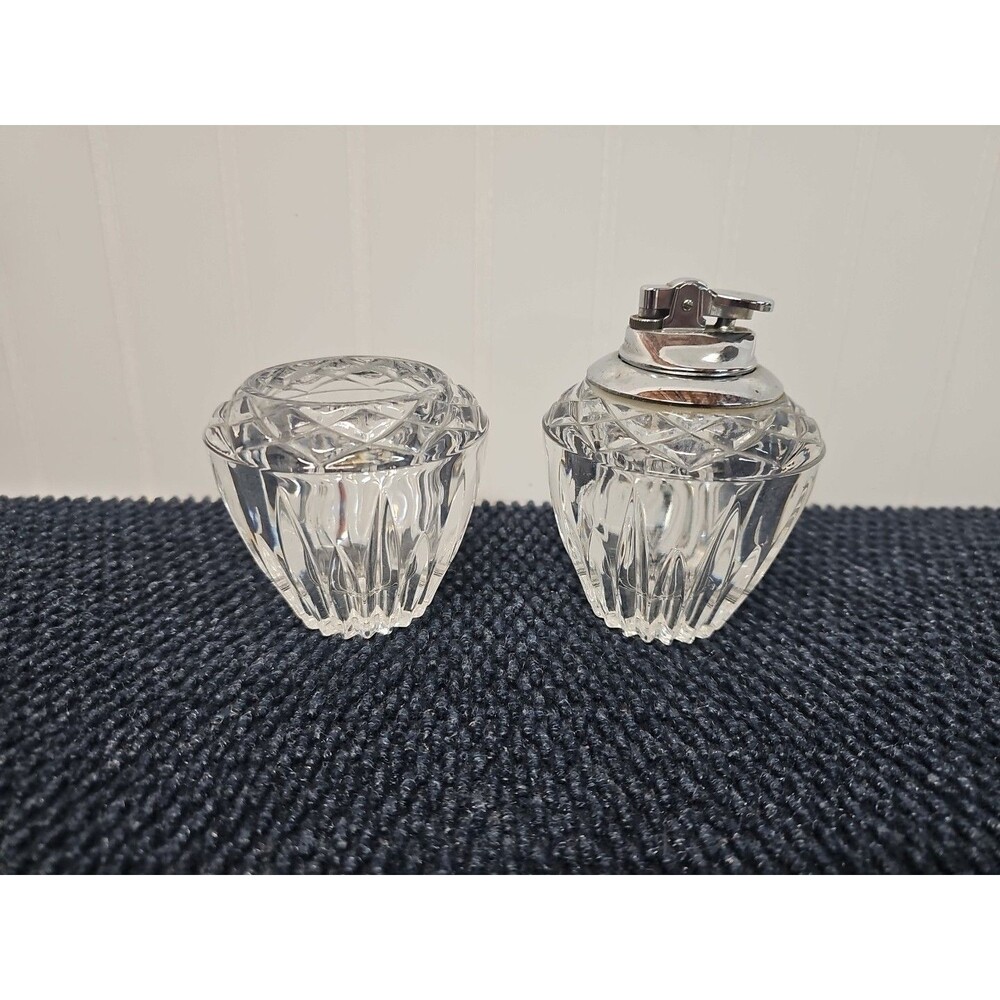 VTG MCM 2pc Crystal Tabletop Lighter 4.5”T + Cigarette Holder 3 3/8”T Japan
